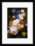 Roses, morning glory, narcissi, aster and other flowers in a basket, with eggs in a nest on a marble ledge, 1744 by Jan van Huysum