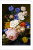 Roses, morning glory, narcissi, aster and other flowers in a basket, with eggs in a nest on a marble ledge, 1744 by Jan van Huysum
