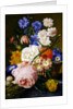 Roses, morning glory, narcissi, aster and other flowers in a basket, with eggs in a nest on a marble ledge, 1744 by Jan van Huysum