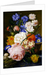 Roses, morning glory, narcissi, aster and other flowers in a basket, with eggs in a nest on a marble ledge, 1744 by Jan van Huysum
