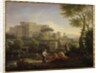 Landscape with figures and a fortress by a river by Jan Frans van Bloemen