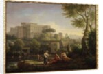 Landscape with figures and a fortress by a river by Jan Frans van Bloemen