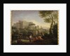 Landscape with figures and a fortress by a river by Jan Frans van Bloemen