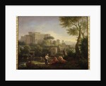 Landscape with figures and a fortress by a river by Jan Frans van Bloemen