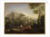 Landscape with figures and a fortress by a river by Jan Frans van Bloemen