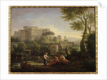 Landscape with figures and a fortress by a river by Jan Frans van Bloemen