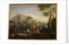 Landscape with figures and a fortress by a river by Jan Frans van Bloemen