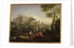 Landscape with figures and a fortress by a river by Jan Frans van Bloemen