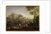 Landscape with figures and a fortress by a river by Jan Frans van Bloemen