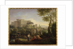 Landscape with figures and a fortress by a river by Jan Frans van Bloemen