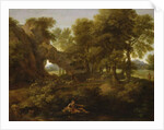 Landscape with a fisherman, a shepherd and other figures by Gaspard Poussin Dughet