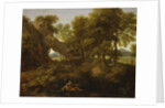Landscape with a fisherman, a shepherd and other figures by Gaspard Poussin Dughet
