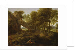 Landscape with a fisherman, a shepherd and other figures by Gaspard Poussin Dughet