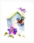 Wren with birdhouse and clematis, 2016 by John Keeling