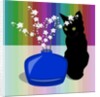 Blue Glass Vase with blossom and black cat, 2017 by Claire Huntley