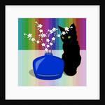 Blue Glass Vase with blossom and black cat, 2017 by Claire Huntley