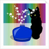 Blue Glass Vase with blossom and black cat, 2017 by Claire Huntley