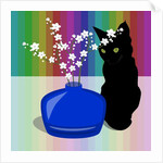 Blue Glass Vase with blossom and black cat, 2017 by Claire Huntley