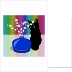 Blue Glass Vase with blossom and black cat, 2017 by Claire Huntley