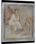 Framed vignette painted in fresco on a green wall: Cupid reveals the contents of a gilded box to a seated woman, 65-75 AD by Roman