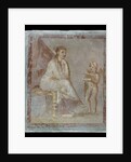 Framed vignette painted in fresco on a green wall: Cupid reveals the contents of a gilded box to a seated woman, 65-75 AD by Roman