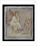 Framed vignette painted in fresco on a green wall: Cupid reveals the contents of a gilded box to a seated woman, 65-75 AD by Roman