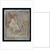 Framed vignette painted in fresco on a green wall: Cupid reveals the contents of a gilded box to a seated woman, 65-75 AD by Roman