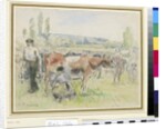 Compositional study of a milking scene at Eragny-sur-Epte by Camille Pissarro