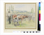 Compositional study of a milking scene at Eragny-sur-Epte by Camille Pissarro