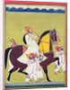 Portrait of Kumbhawat Kesari Singh of Asop, riding a horse, smoking a hookah and accompanied by attendants, Jodhpur, c.1810-20 by Indian School