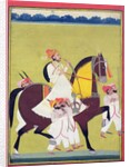 Portrait of Kumbhawat Kesari Singh of Asop, riding a horse, smoking a hookah and accompanied by attendants, Jodhpur, c.1810-20 by Indian School