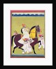 Portrait of Kumbhawat Kesari Singh of Asop, riding a horse, smoking a hookah and accompanied by attendants, Jodhpur, c.1810-20 by Indian School