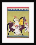 Portrait of Kumbhawat Kesari Singh of Asop, riding a horse, smoking a hookah and accompanied by attendants, Jodhpur, c.1810-20 by Indian School