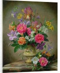Peonies and irises in a ceramic vase by Albert Williams