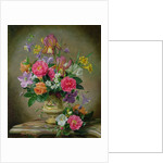 Peonies and irises in a ceramic vase by Albert Williams