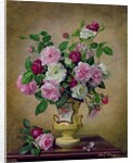 Roses and dahlias in a ceramic vase by Albert Williams