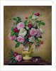 Roses and dahlias in a ceramic vase by Albert Williams