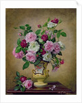 Roses and dahlias in a ceramic vase by Albert Williams