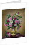 Roses and dahlias in a ceramic vase by Albert Williams