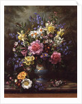 AB/200/2 Bluebells, daffodils, primroses and peonies in a blue vase by Albert Williams