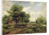 Wooded river landscape with a cottage and a horse drawn cart by Frederick Waters Watts