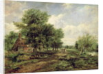 Wooded river landscape with a cottage and a horse drawn cart by Frederick Waters Watts