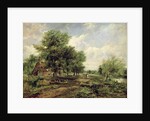 Wooded river landscape with a cottage and a horse drawn cart by Frederick Waters Watts