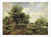Wooded river landscape with a cottage and a horse drawn cart by Frederick Waters Watts
