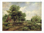 Wooded river landscape with a cottage and a horse drawn cart by Frederick Waters Watts