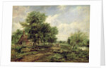 Wooded river landscape with a cottage and a horse drawn cart by Frederick Waters Watts