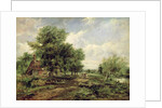 Wooded river landscape with a cottage and a horse drawn cart by Frederick Waters Watts