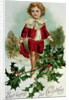 Victorian Christmas postcard depicting a boy in red in the snow by English School