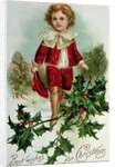 Victorian Christmas postcard depicting a boy in red in the snow by English School