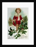 Victorian Christmas postcard depicting a boy in red in the snow by English School